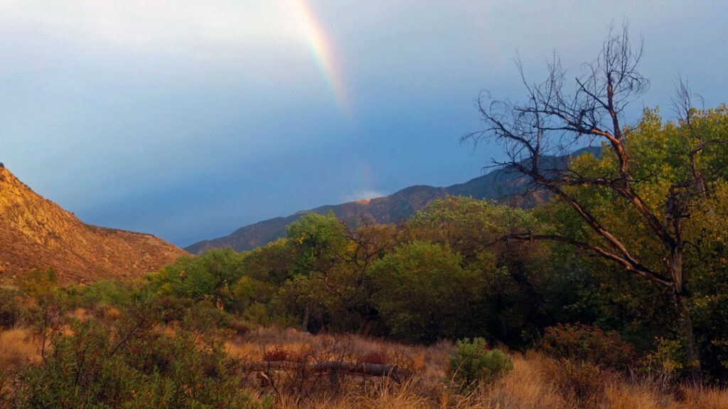 A rainbow lands on a mountain in Los Padres National Forest.