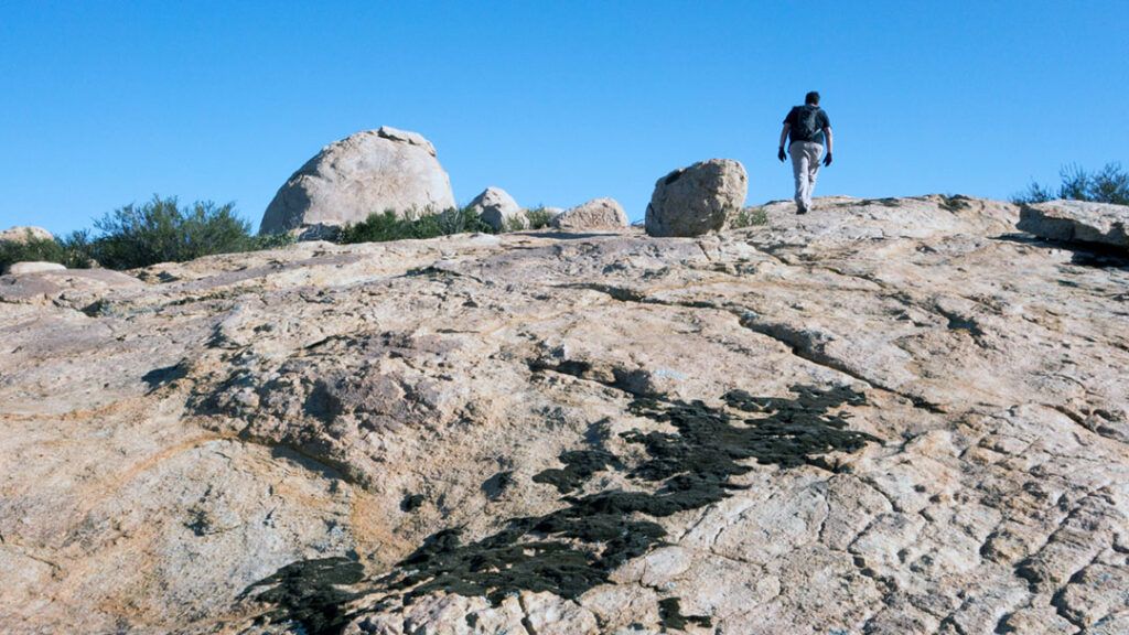 David explores the granite slab halfway up to Bell Bluff’s summit.