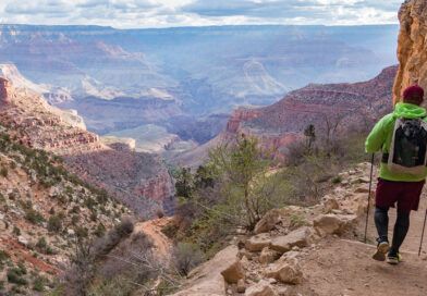 A backpacker hiking into the Grand Canyon on Bright Angel trail.