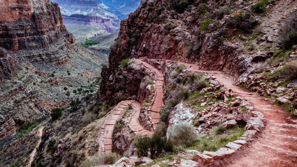 The switchbacks of Bright Angel Trail descending into the Grand Canyon.