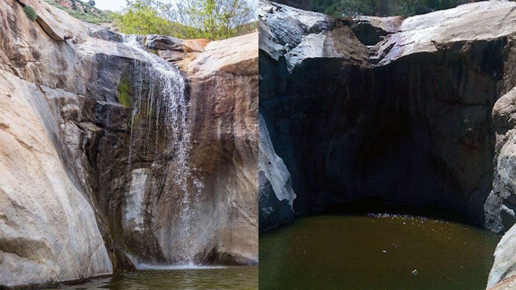 Side-by-side view of the falls during spring and summer.
