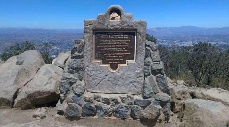 The summit plaque on top of Cowles Mountain trail