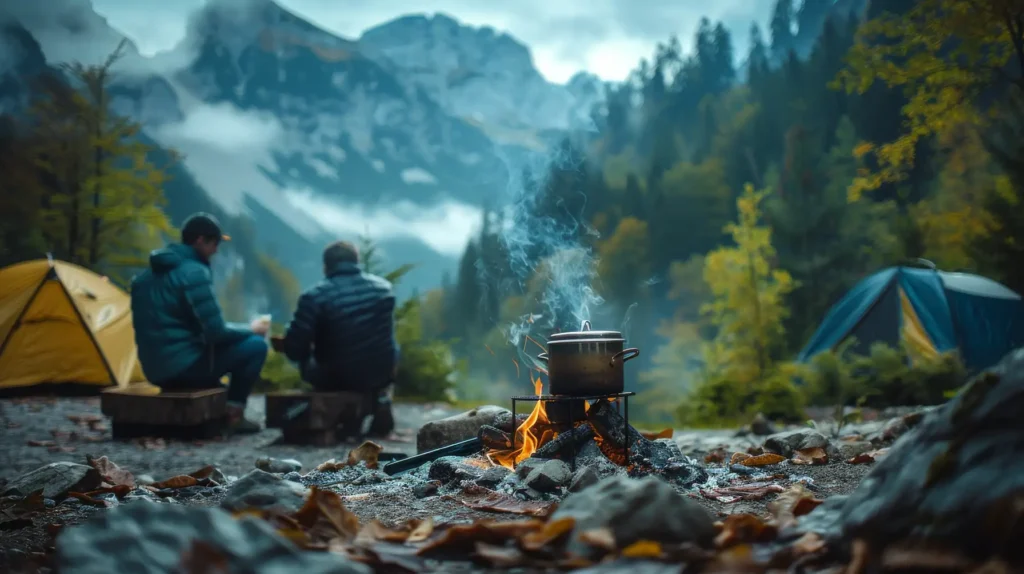 Backpackers preparing a backpacking meal while discussing hiking nutrition.