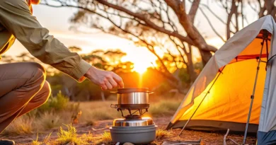 A backpacker preparing to cook a meal using a backpacking stove near his tent at sunset.