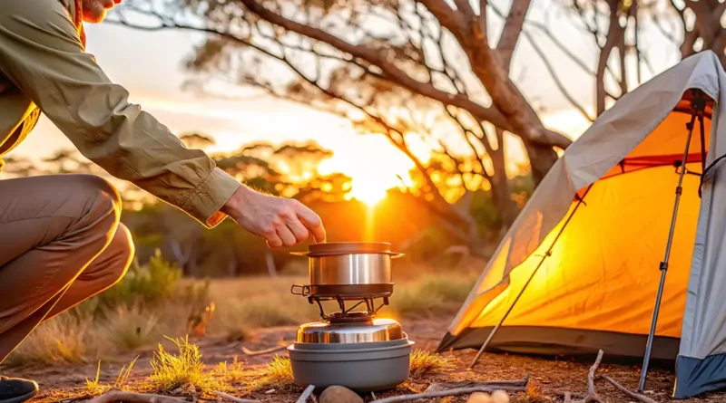 A backpacker preparing to cook a meal using a backpacking stove near his tent at sunset.