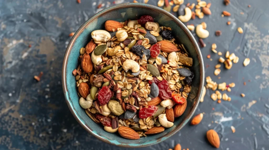 Hiking nutrition breakfast or snack essentials: nuts, dried fruit, and oatmeal.